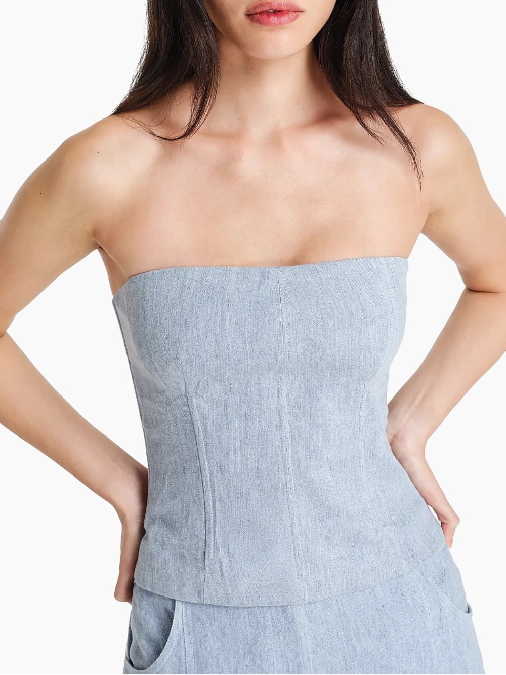 TWP Jillian Bustier Hemp Strapless Bust Darts Boned Light Indigo Denim Top EUC 6